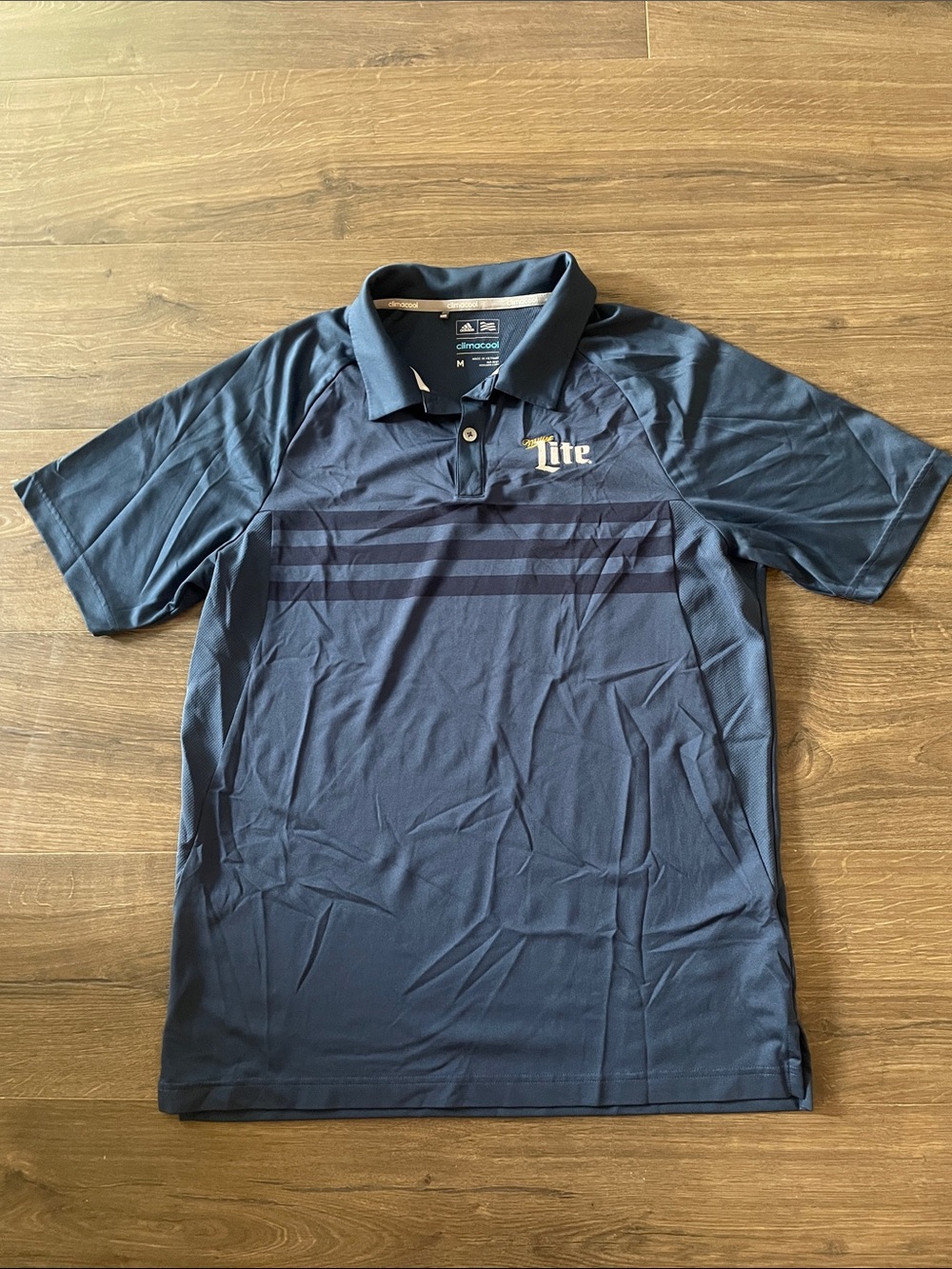 Adidas Climacool Navy Miller Lite Blue Polo w/ Chest Stripes, Size Medium